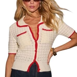 VICI Quiet Luxe Knit Cream Contrast Trim Cardigan Sweater Size Large